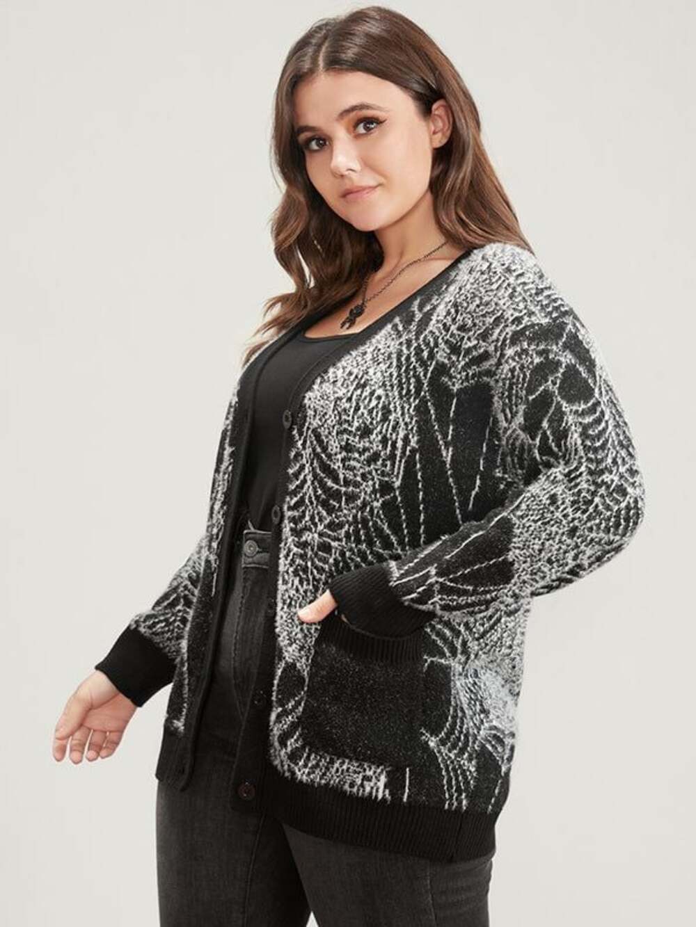 Plus Size 1X/14-16 Spider Web Plush Knit Pocket Button Front Cardigan